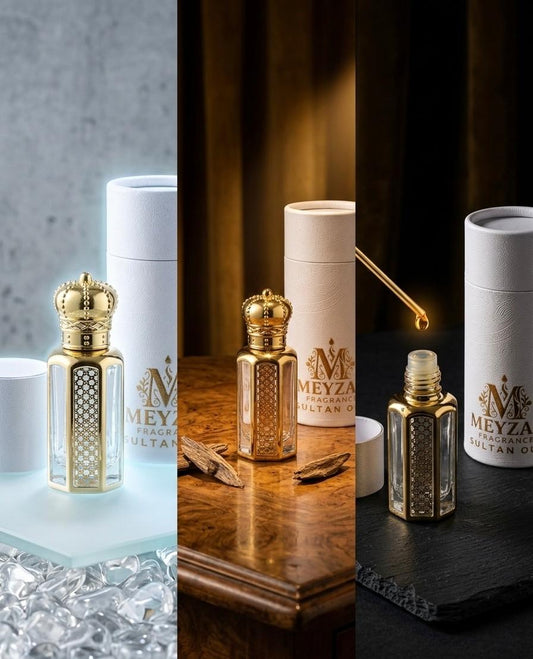 Meyzal Sultan Oud attar perfume oil applied with a glass dropper
