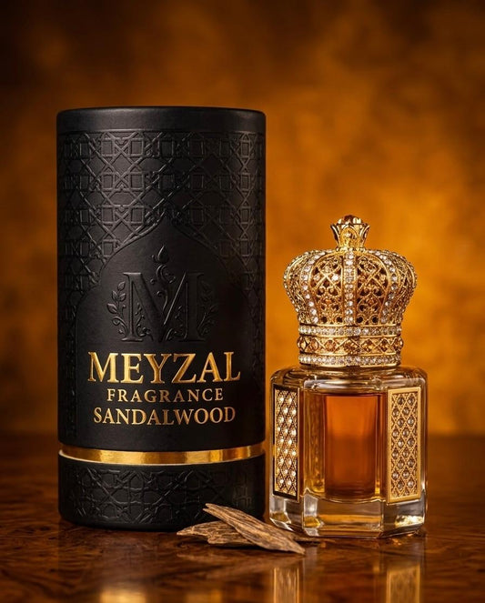 Meyzal Sandalwood crown-cap attar perfume oil in a black package