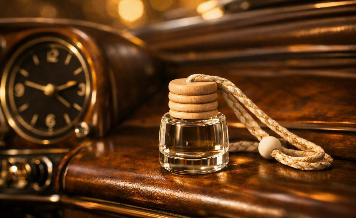 Close-up of Meyzal Sultan Oud car diffuser with natural wood cap