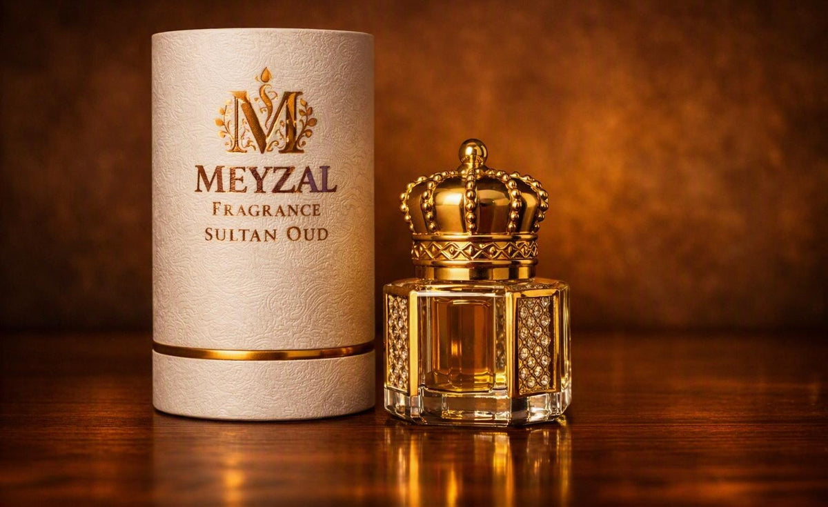 Meyzal Sultan Oud attar perfume oil in its luxury white package