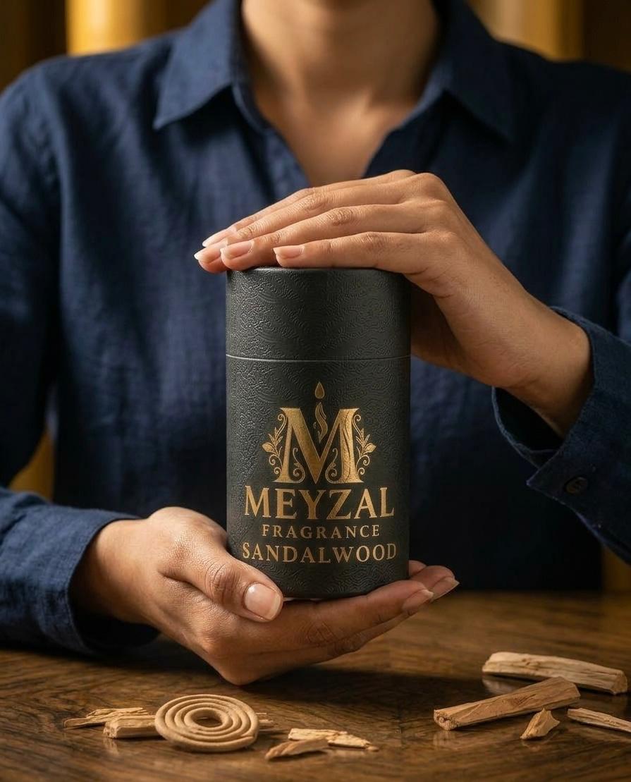 Close-up of Meyzal Sandalwood crown-cap attar perfume oil and dropper