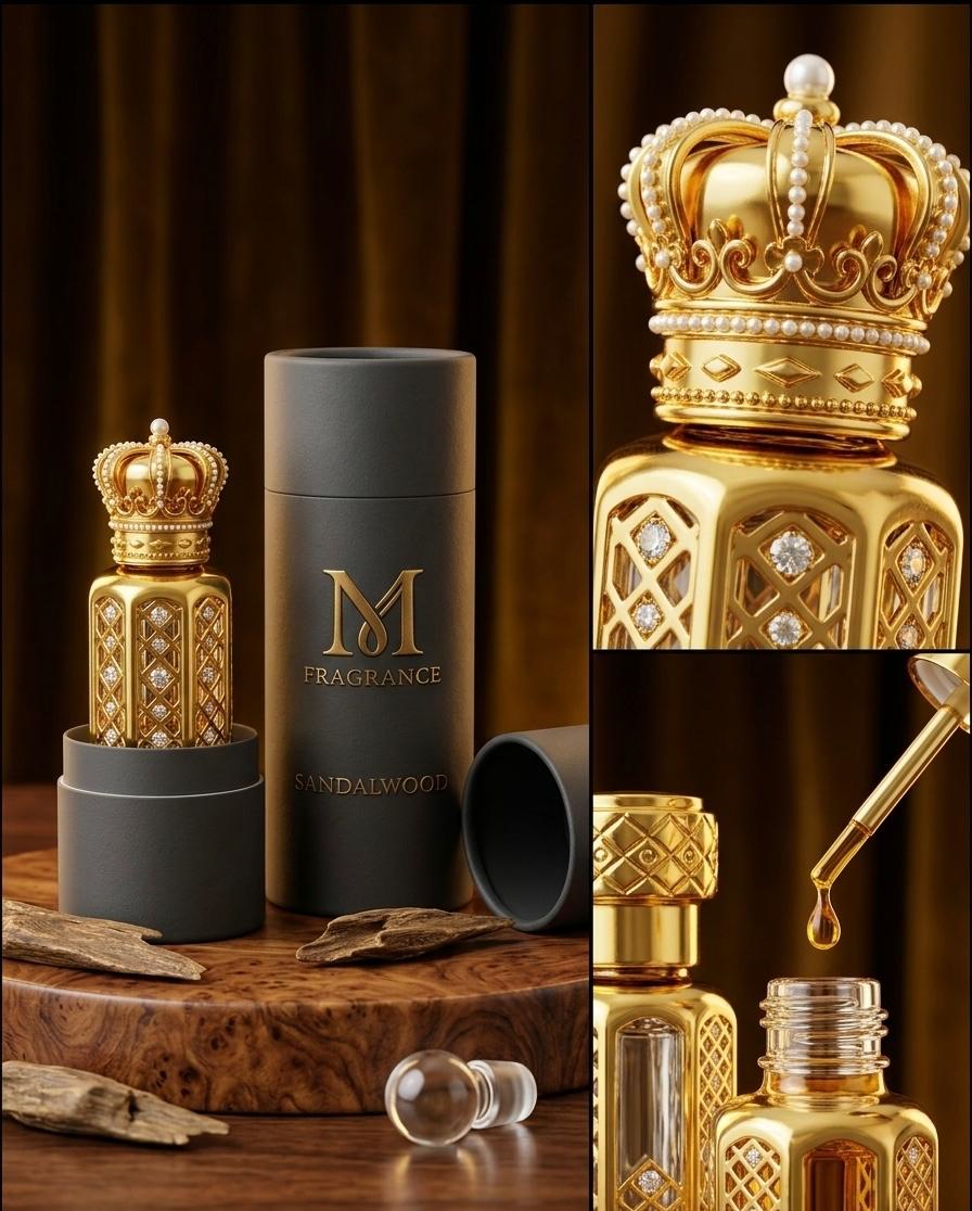 Meyzal Sandalwood attar perfume oil presented in a luxury fragrance setting