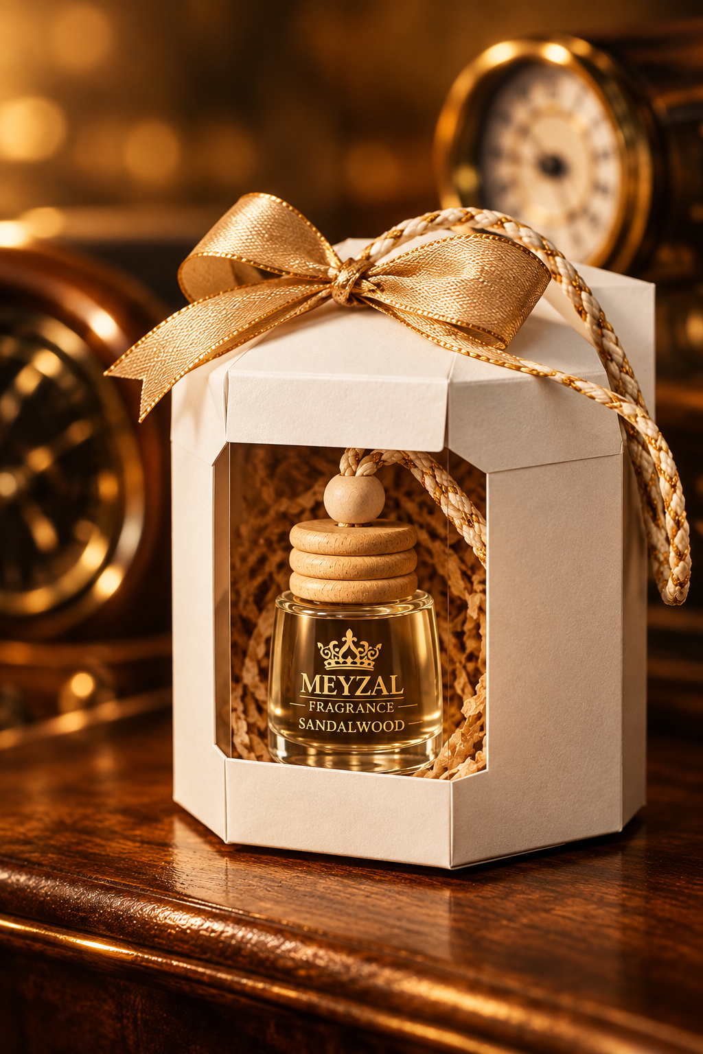 Meyzal Sandalwood 10 ml hanging car diffuser in a white gift box